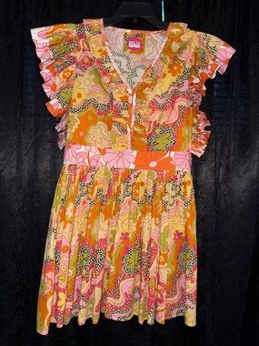 CeliaB Mini Floral Ruffle Dress in Orange, Pink & Green